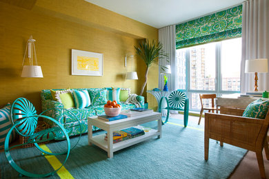 Living room - mid-sized coastal formal and enclosed carpeted living room idea in New York with yellow walls, no fireplace and no tv