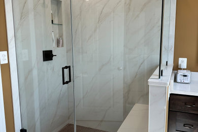 Bathroom - large contemporary master ceramic tile ceramic tile and double-sink bathroom idea in DC Metro with dark wood cabinets, a two-piece toilet, an undermount sink, quartz countertops, a hinged shower door, white countertops, shaker cabinets and a built-in vanity