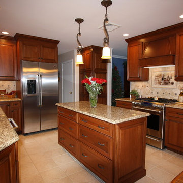 Rockaway NJ Traditional Kitchen - Medium Cherry -Granite- Tapered Wood Hood