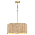 TRUE FINE - 18" W 4-Light Rattan Drum Chandelier Light With Brass Canopy - Nothing adds warmth and a casual inviting vibe like a natural rattan pendant chandelier light. This pendant chandelier light is meticulously hand woven of natural rattan in a drum silhouette. Inside, a 4-light cluster in brass/gold casts generous light and creates interesting shadow patterns on the walls of your dining room, living room or bedroom.