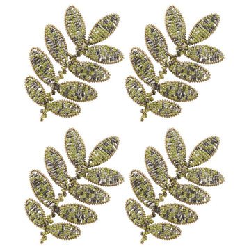 Beaded Napkin Rings With Leaf Design, Set of 4, Green