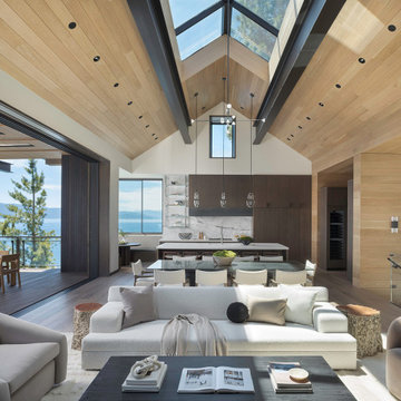 Crystal Bay Scandinavian Lake House Living Room into Kitchen