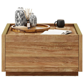 Modern Coffee Table, Square Design With 2 Side Storage Drawers, Natural Finish
