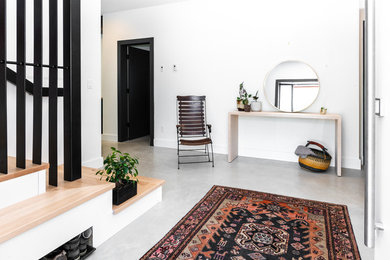 Entryway - mid-sized modern concrete floor and white floor entryway idea in Other with white walls and a black front door