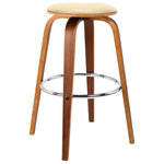 Armen Living - Harbor Swivel Stool Faux Leather and Wood Veneer Frame, Cream and Walnut, Counter Height 26" - The Armen Living Harbor Bar or Counter Height Backless Swivel Faux Leather and Wood Mid-Century Modern Bar Stool is the perfect fit for your kitchen, home bar, or craft room! The Harbor counter stool features a full 360-degree swivel function that allows full mobility where you to interact with your guests and family regardless of your position in the room! The foundation of the product is supported by solid wood with convenient chrome footrest for a sturdy and stylish aesthetic without comprising practicality and functionality of this item. The plush padded seat with high density foam will provide you with all day comfort. Though an excellent fit for the kitchen or bar, the harbor's novel yet practical style makes it great for enhancing the aesthetics of your home. The Harbor kitchen stool is available in your choice of a Walnut Wood finish with Brown or Cream faux leather upholstery or a Black Finish with Grey faux leather upholstery and a 26&rdquo; or 30&rdquo; seat height. We stand by the quality, the craftsmanship, and the integrity of our product by offering a 1-year warranty for all our products. We want our customers to enjoy our product and we will always be there to help with our top-notch customer service support.