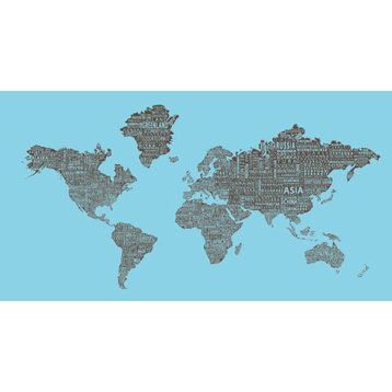 1-World Text Map Wall Mural, Brown on Blue, Wallpaper, 8 panel, 166x89"