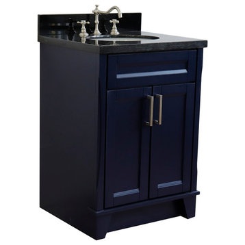 25" Single Sink Vanity, Blue Finish With Black Galaxy Granite And Oval Sink
