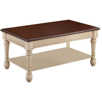 Traditional Coffee Table, Carved Legs With Open Shelf, Dark Brown/Antique White