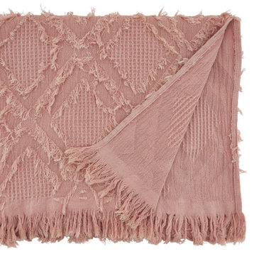 Waffle Weave Table Runner With Fringe Design, Rose, 16"x72"