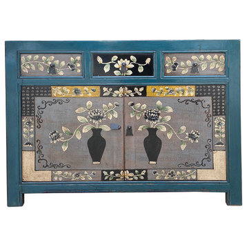 Chinese Distressed Teal Green Gray Flower Graphic Credenza Cabinet Hcs7511