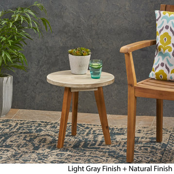 Gino Outdoor Acacia Wood Side Table, Light Gray Finish/Natural Finish