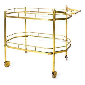 MID CENTURY BRASS BAR CART ON WHEELS WITH GLASS SHELF