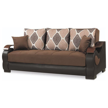 Unique Sleeper Sofa, Padded Chenille Seat & Curved Wooden Armrests, Dark Brown