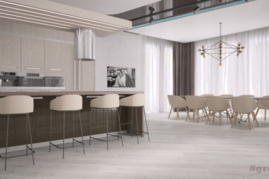 Идея дизайна: огромная кухня-столовая в современном стиле с белыми стенами и полом из керамогранита без камина