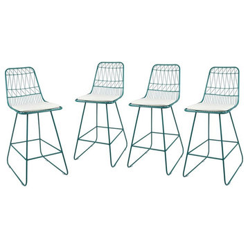 Noble House Niez 26" Outdoor Geometric Metal Counter Stools in Blue (Set of 4)