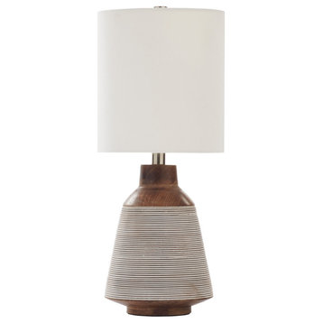 Botwood Walnut and Whitewasg Painted Table Lamp With Off-White Cotton Shade