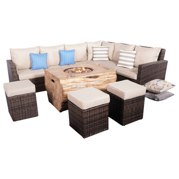 8-Piece Patio Rattan Conversational Sofa Set with Fire Pit Table and Ottomans, Brown-Rec