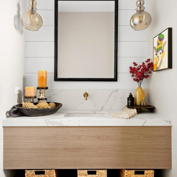 Small bathroom remodel: cabinetry, tile, mirror and lighting