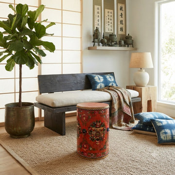 Distressed Orange Tibetan Style Jewel Tower Graphic Round Drum Table ws5000