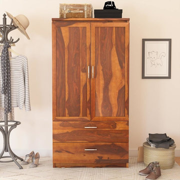 Caspian Rustic Solid Wood Bedroom Armoire Wardrobe With 2 Drawers