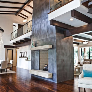 ボイシの広いトランジショナルスタイルのLDKの画像 (白い壁、無垢フローリング、両方向型暖炉、金属の暖炉まわり、茶色い床)