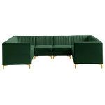 Meridian Furniture - Alina Velvet Modular U-Shaped Sectional, Green, 8-Piece: 4 Armless Chair, 4 Corner Chair - Bring modern beauty to your space with the addition of this Alina Velvet Modular sectional. This beautiful sectional features deep channel tufting to ramp up its visual interest and add to its resilient demeanor. Its soft green velvet upholstery blends nicely with existing elements in your room and is sleek to the touch, making this seat a super comfortable one. Part of the modular Alina collection, this sectional has a latch that attaches it to other pieces to create your custom seating arrangement.