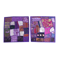 Mogulinterior - Decorative Indian Throw Pillow Cases Purple Embroidered Patchwork Cushion Cover - Pillowcases and Shams