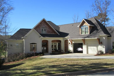 Mid-sized trendy white two-story wood exterior home photo in Atlanta with a hip roof