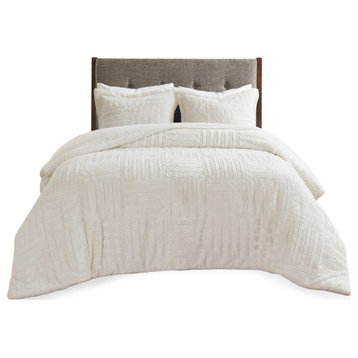 Madison Park Checkboard Brushed Long Fur Comforter Mini Set, Ivory, King/Califor