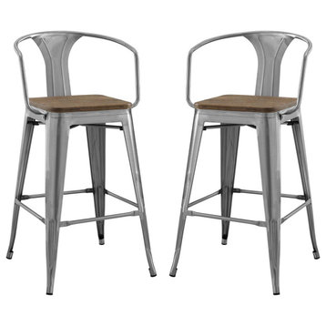 Bar Stool Chair Barstool, Set of 2, Wood, Gunmetal Silver, Bar Pub Cafe Bistro