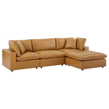 Commix Down Filled Overstuffed Vegan Leather 4-Piece Sectional Sofa, Tan