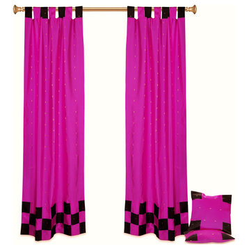 4 Pc Set Indian Sari Curtains & Cushion Covers - Boho Tab Top  - Violet 96"