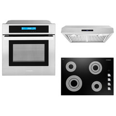 Cosmo 4 Piece Kitchen Appliance Package 36 Electric Cooktop 24 Single  Electric Wall Oven 24 Built-In Microwave Drawer & French Door Refrigerator