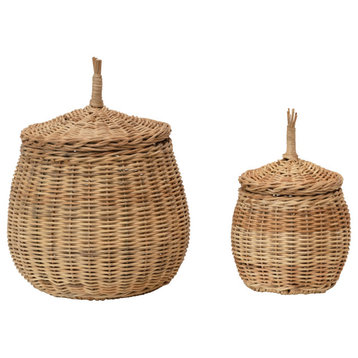 Hand-Woven Wicker Baskets With Lids, 2-Piece Set