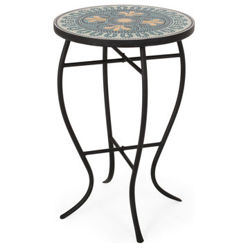 Ignacio Outdoor Side Table With Tile Top, Teal/Yellow/Black