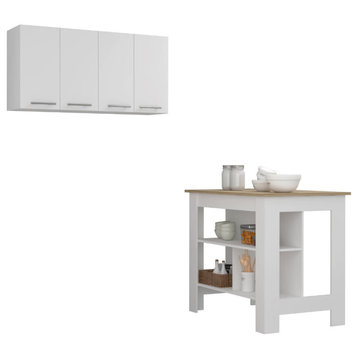 Caledon 2-Piece Kitchen Set, Kitchen Island & Upper Wall Cabinet, White/Light Oak