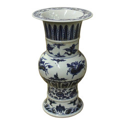Chinese Blue White Porcelain Round Wide Mouth Flower Graphic Vase - Vases