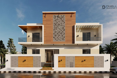 Ejemplo de fachada de casa bifamiliar beige y roja minimalista grande de dos plantas con tejado plano y tejado de teja de barro