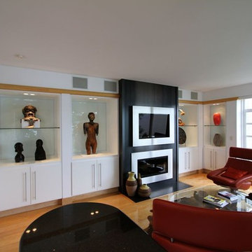 Sitting/Media Room with White Lacquer Built-ins and a Black Steel/Stainless Stee