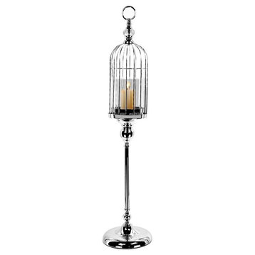 Birdcage Candle Holder and Stand, Silver, Medium