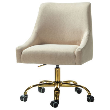 Upholstered Swivel Task Chair With Golden Base, Tan
