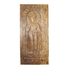 Consigned Standing Buddha Wall Panel Rustic Hand Carving Wooden Door Panel