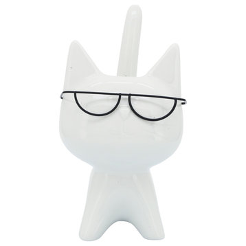 Porcelain, 8"H Kitty With Glasses, White