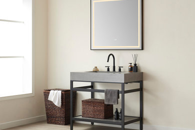 Ejemplo de cuarto de baño de pie y principal moderno con armarios abiertos, puertas de armario negras y encimeras grises