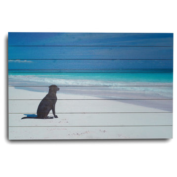 Dog on Beach Print on Planked Wood, 24x36