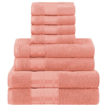 8 Piece Solid Cotton Soft Hand Bath Towel Set, Coral