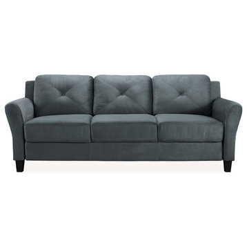 Bowery Hill Rolled Arm Contemporary Microfiber & Wood Sofa in Dark Gray