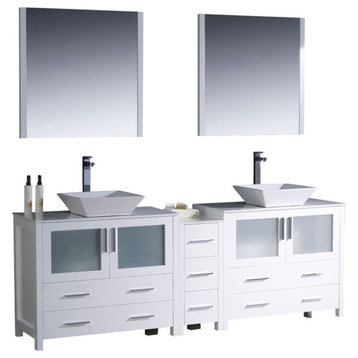 84" White Modern Double Sink Bathroom Vanity w/ Side Cabinet & Vessel Sinks