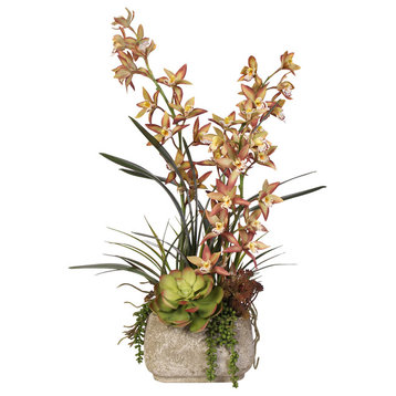Green & Dusty Brown Silk Cymbidium Orchid & Succulents withPebbles in Cement Pot