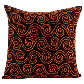Orange Beaded Scroll Brown Shams, Art Silk 24"x24" Pillow Sham, Tibetain Monk